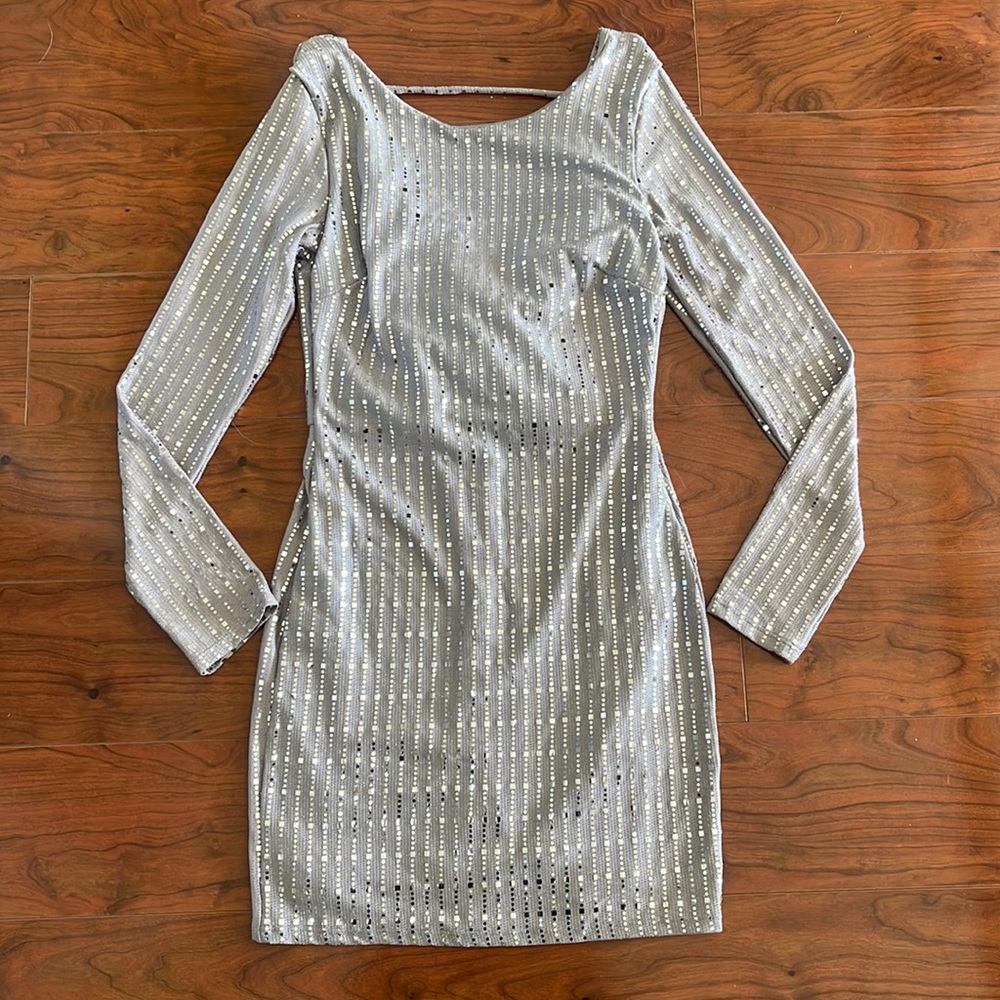 Crystal Sky Gray Sparkle Open Back Long Sleeve Mini Festive Dress